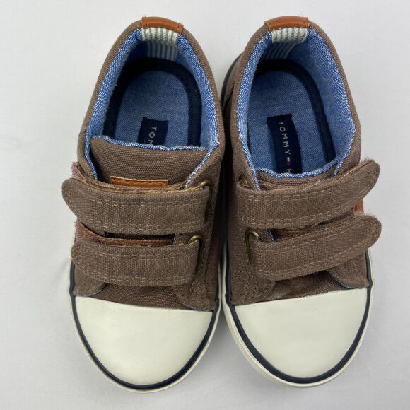 ~ Tommy Hilfiger Kids Sneakers 7 Brown Canvas Rubber Hook & Loop Blue ~ - Picture 3 of 14